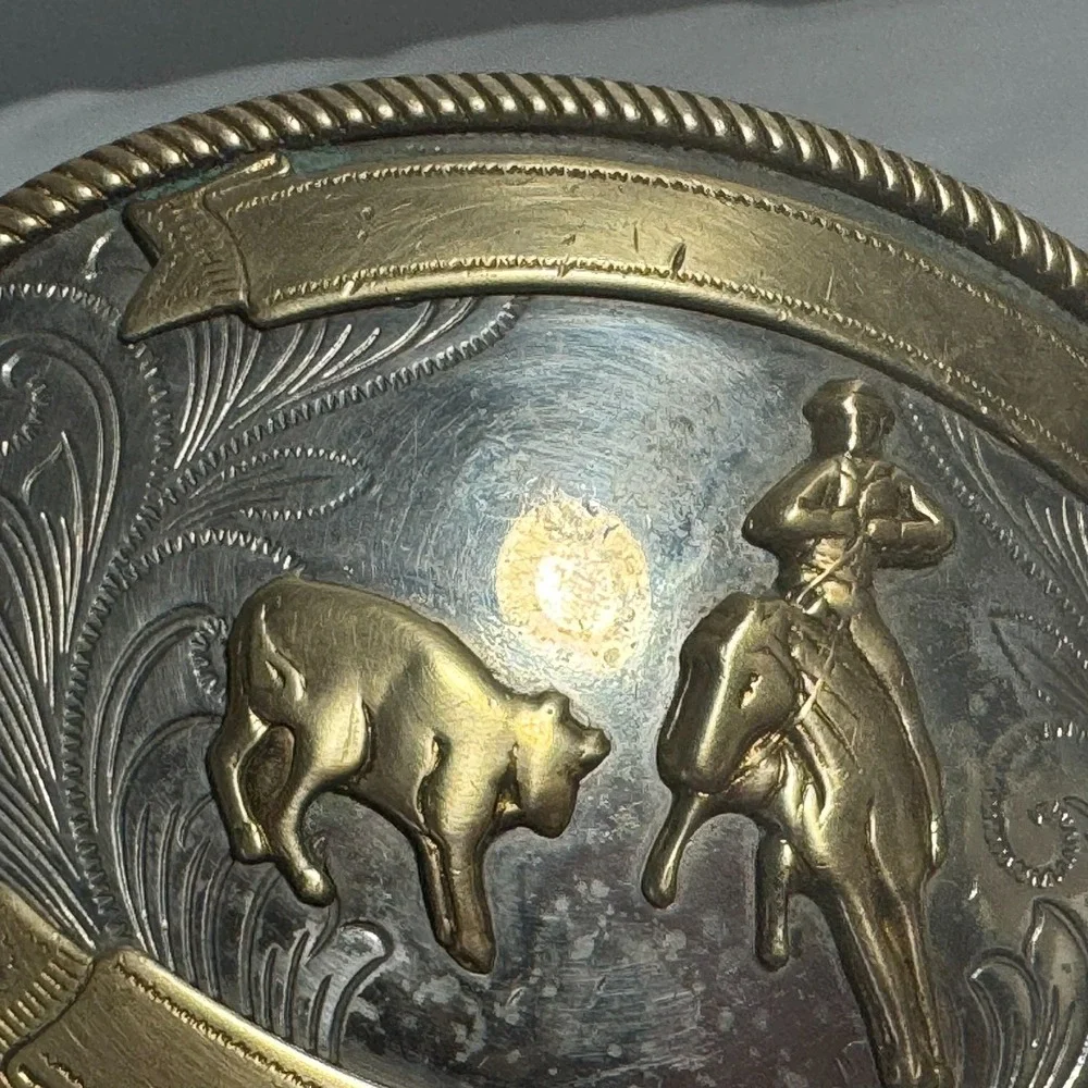 Vintage German Silver Cutting Horse working Steer Belt Buckle‎ No Engraving